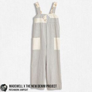 MADEWELL X THE NEW DENIM PROJECT PATCHWORK OVERALL JUMPSUIT BLUE RAILROAD STRIPE